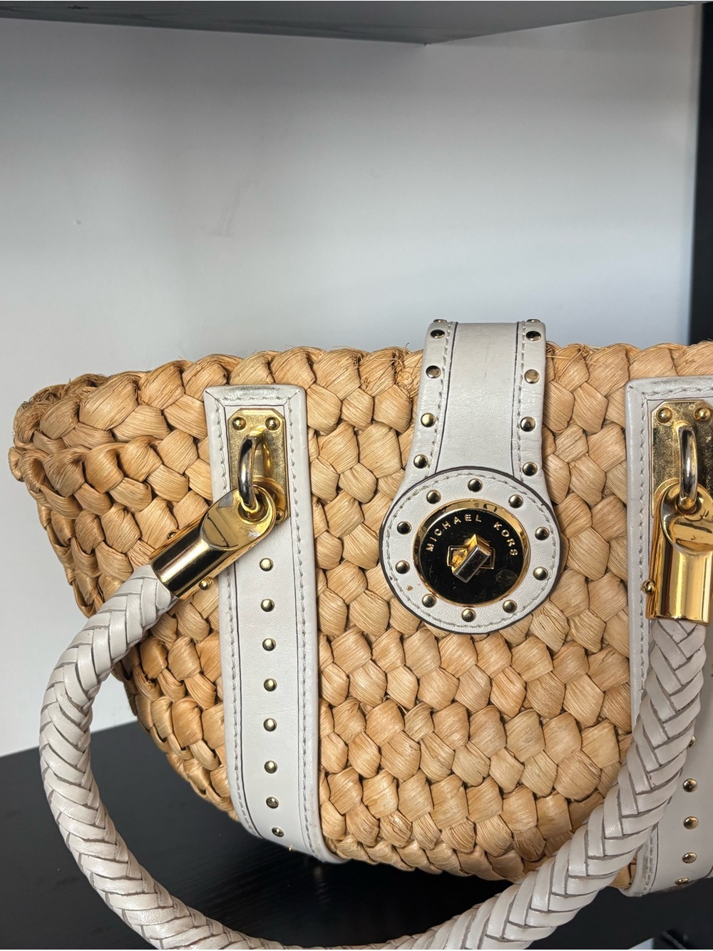 Michael Kors Natural Straw Tote with White Leather Trim and Gold Hardware